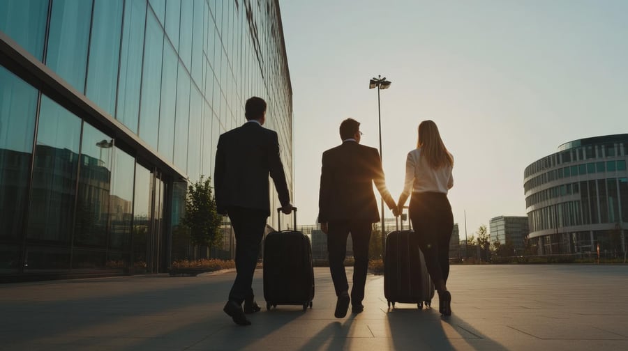 Three business colleagues walking with luggage outside a corporate building at golden hour