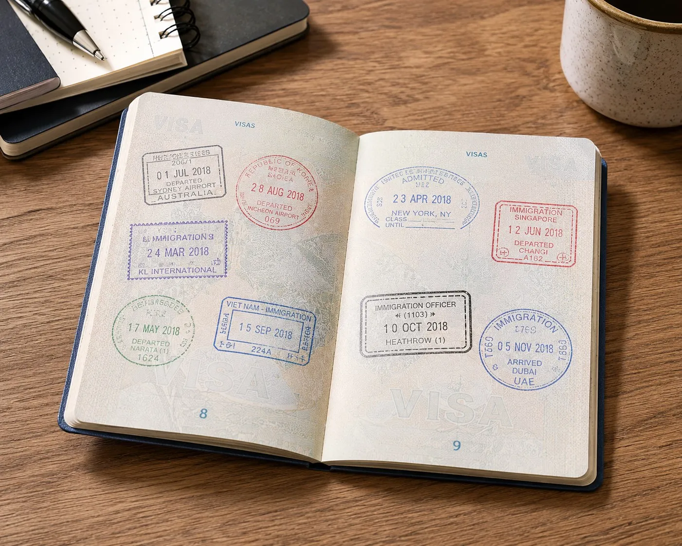An open passport with colorful visa stamps, resting on a desk